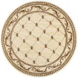 8' Ivory Machine Woven Hand Carved Fleur De Lis Round Indoor Area Rug