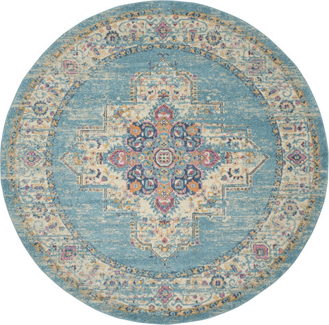 8' Blue And Ivory Southwestern Distressed Round Rug