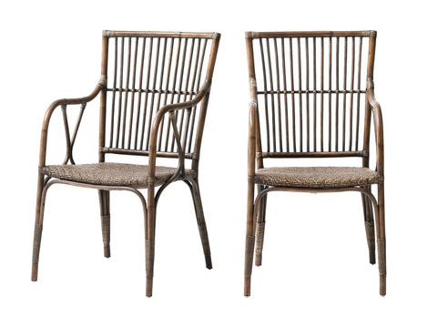 Set of Two Natural Rattan Slat Back Dining Arm Chairs