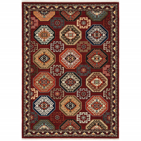 5' X 8' Red Blue And Black Oriental Area Rug With Fringe