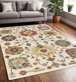 5' X 8' Ivory Blue And Red Oriental Area Rug With Fringe