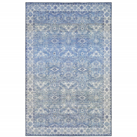5' X 7' Blue And Grey Oriental Power Loom Stain Resistant Area Rug