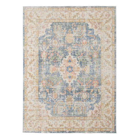 4' X 6' Blue Gold And Orange Floral Area Rug