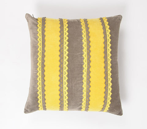 16" Yellow and Brown Striped Cotton Throw Pillow Cover With Lace