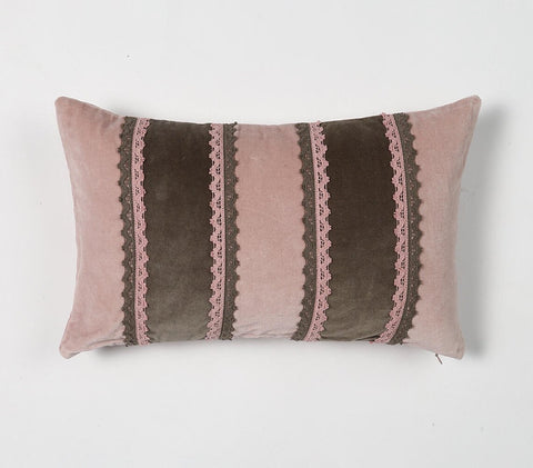 12" X 20" Pink and Brown Striped Cotton Throw Pillow Cover With Lace