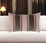 12" X 20" Pink and Brown Striped Cotton Throw Pillow Cover With Lace