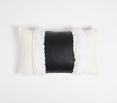 12" X 20" Black and White Patchwork Cotton Blend Throw Pillow Cover With Shag