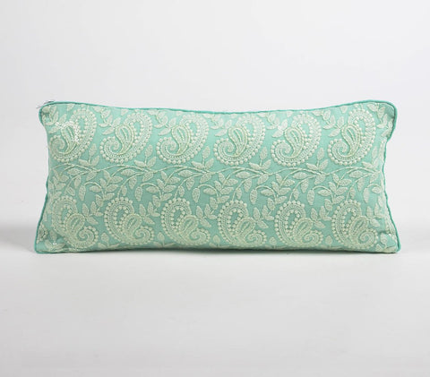 6" X 14" Blue Green Paisley Cotton Throw Pillow Cover With Embroidery