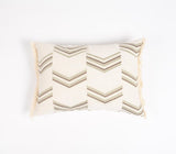 14" X 20" Green and Ivory Chevron Cotton Throw Pillow Cover With Embroidery, Fringe