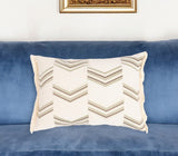 14" X 20" Green and Ivory Chevron Cotton Throw Pillow Cover With Embroidery, Fringe