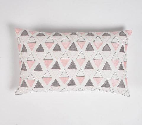 12" X 20" Pink and White Geometric Cotton Throw Pillow Cover With Embroidery