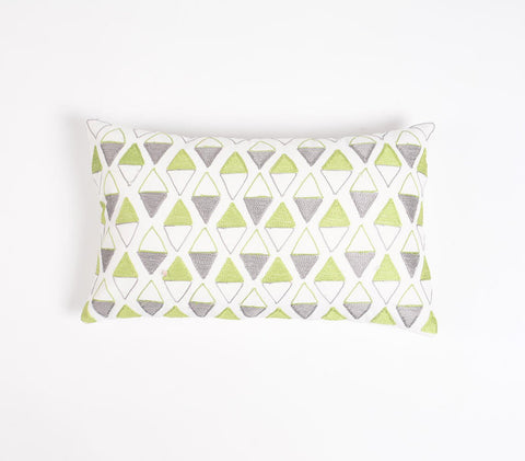 12" X 20" Green and White Geometric Cotton Throw Pillow Cover With Embroidery