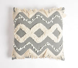 18" Gray and White Zigzag Cotton Throw Pillow Cover With Embroidery, Fringe