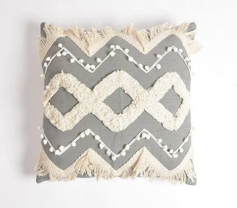 18" Gray and White Zigzag Cotton Throw Pillow Cover With Embroidery, Fringe