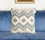 18" Gray and White Zigzag Cotton Throw Pillow Cover With Embroidery, Fringe