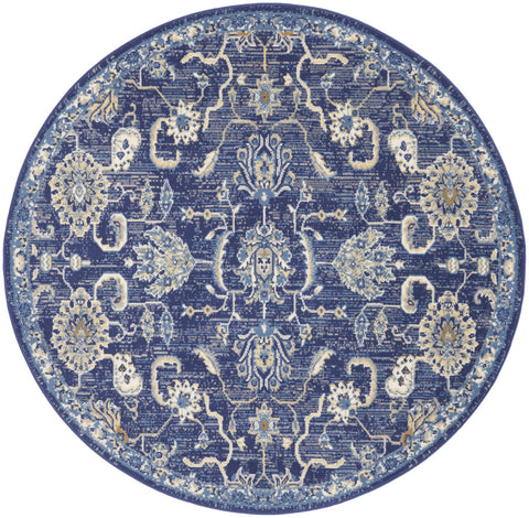 5' Blue and Gold Round Oriental Power Loom Area Rug