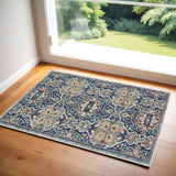 2' X 4' Blue and Yellow Floral Distressed Non Skid Area Rug