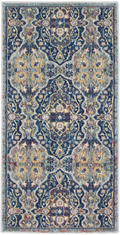2' X 4' Blue and Yellow Floral Distressed Non Skid Area Rug