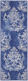 8' Navy Blue and Ivory Damask Distressed Non Skid Runner Rug