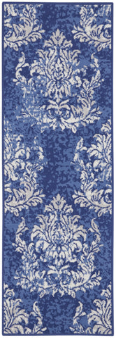 8' Navy Blue and Ivory Damask Distressed Non Skid Runner Rug