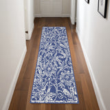 8' Ivory and Navy Blue Floral Distressed Non Skid Runner Rug