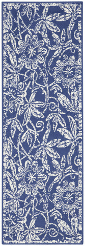 8' Ivory and Navy Blue Floral Distressed Non Skid Runner Rug