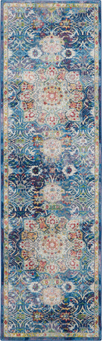 6' Navy Blue and Gold Floral Distressed Non Skid Runner Rug