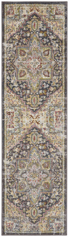 8' Charcoal Brown and Yellow Floral Distressed Runner Rug
