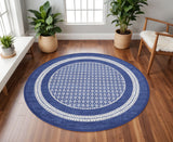 8' Ivory and Navy Blue Geometric Distressed Round Rug