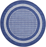 8' Ivory and Navy Blue Geometric Distressed Round Rug
