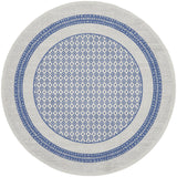 8' Ivory and Blue Geometric Distressed Round Rug