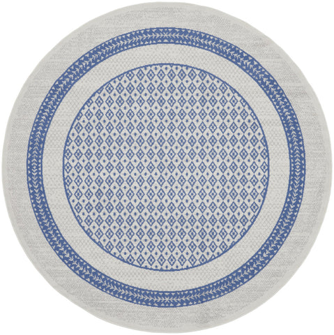 8' Ivory and Blue Geometric Distressed Round Rug