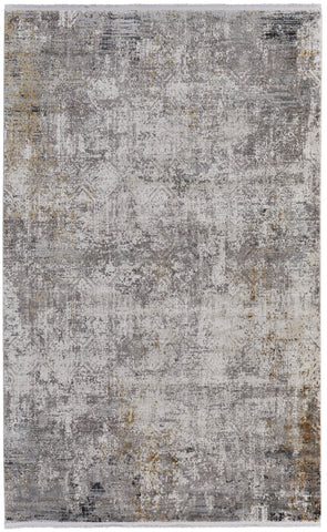 2' X 3' Ivory Taupe and Gray Abstract Power Loom Distressed Area Rug With Fringe
