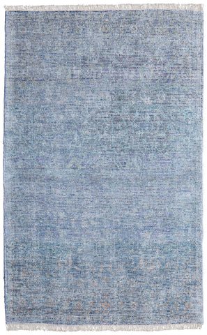 5' X 8' Blue and Gray Abstract Hand Woven Distressed Area Rug With Fringe