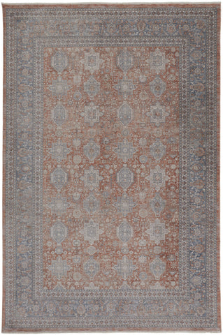5' X 7' Blue and Red Oriental Power Loom Worn Faded Area Rug With Fringe