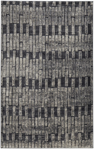 2' X 3' Gray Black and Ivory Geometric Power Loom Worn Faded Area Rug