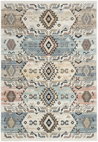7' X 9' Ivory Tan And Blue Geometric Flatweave Area Rug