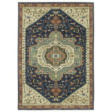 2' X 3' Blue Ivory And Orange Oriental Area Rug With Fringe