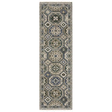8' Ivory And Blue Medallion Runner Rug With Fringe