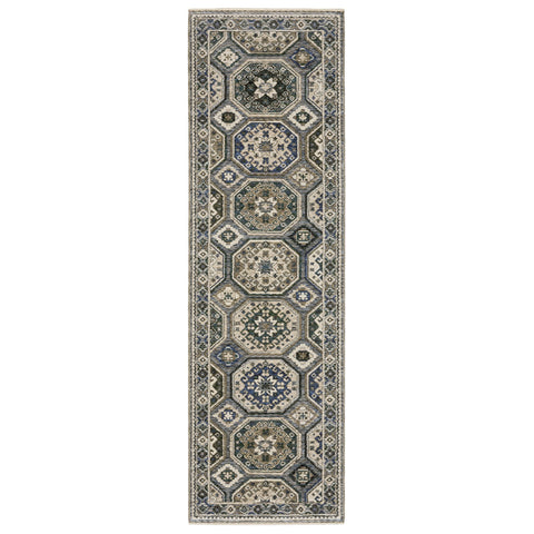 8' Ivory And Blue Medallion Runner Rug With Fringe