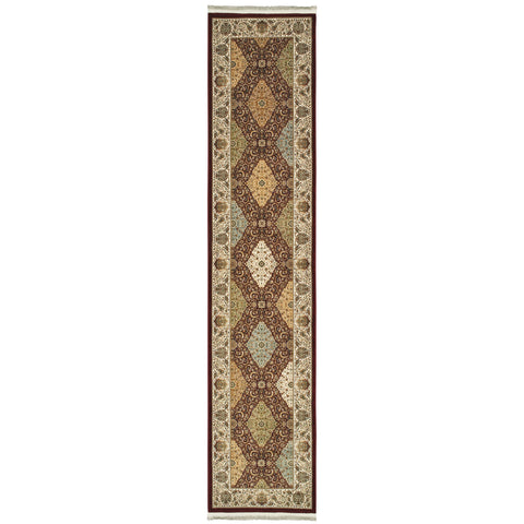10' Red Light Brown And Ivory Oriental Runner Rug With Fringe