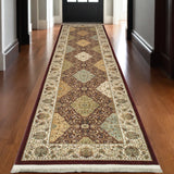 10' Red Light Brown And Ivory Oriental Runner Rug With Fringe