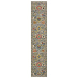 12' Gray Yellow And Blue Oriental Runner Rug With Fringe