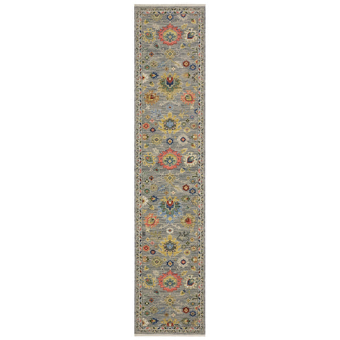 12' Gray Yellow And Blue Oriental Runner Rug With Fringe