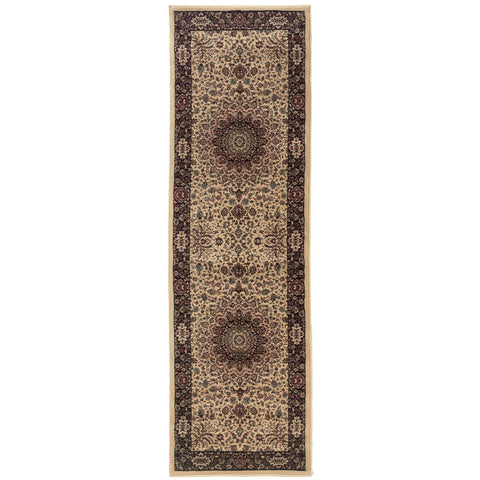 9' Ivory And Black Oriental Runner Rug