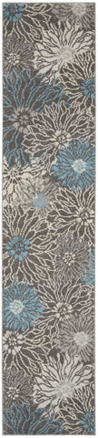 10' Blue And Gray Floral Power Loom Runner Rug