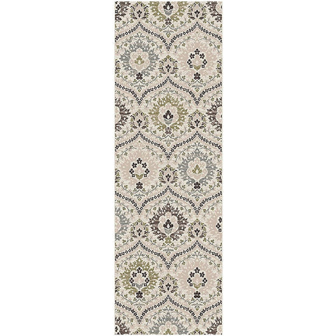 10' Beige Ivory And Brown Floral Stain Resistant Runner Rug
