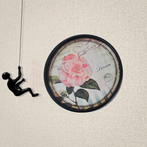 Set of Two Black And Pink Floral Metal Round Trays Hanging Wall Decor