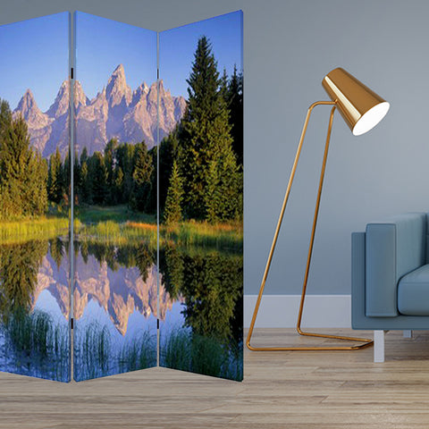 72" Blue And Green Canvas Folding Three Panel Screen Room Divider