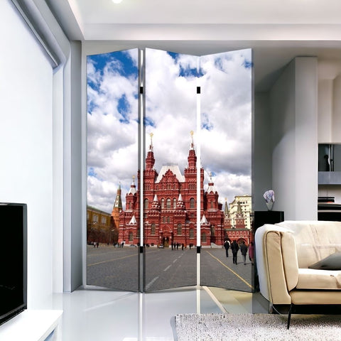 72" Red Blue And Ivory Canvas Folding Three Panel Screen Room Divider